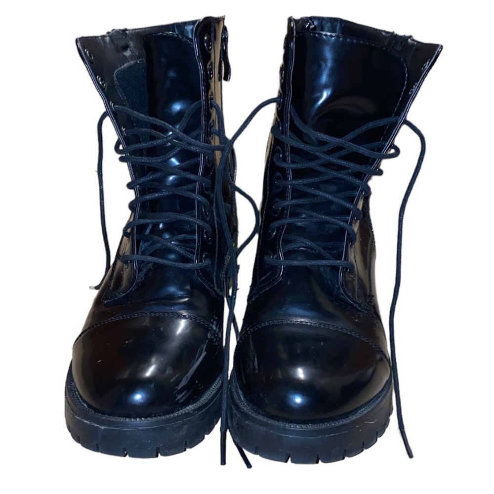 Black Nature Breeze Patent Leather Chunky Heel Combat Boots 7